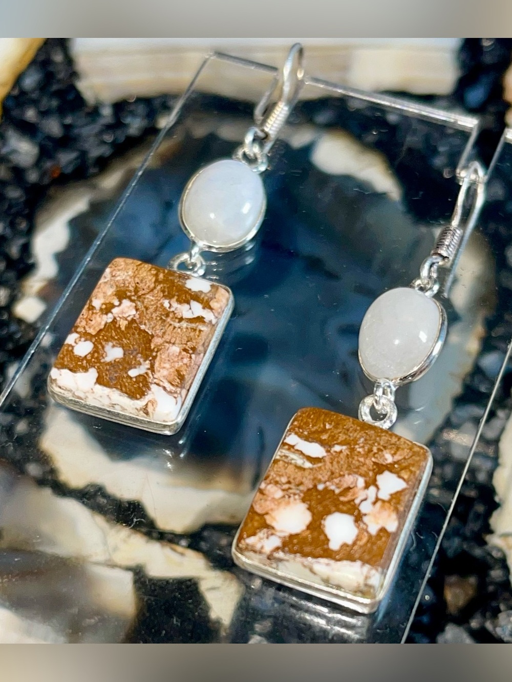 Dainty Lightweight Wild Horse Jasper & Moonstone Crystal Earrings 2”